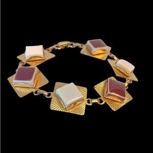Vintage Goldtone Geometric Tile Bracelet White & Reddish Brown Tiles 7" x .5"
